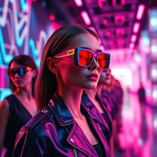 Alt text: "Hyperrealistic image of futuristic sunglass models at avant-garde fashion show."