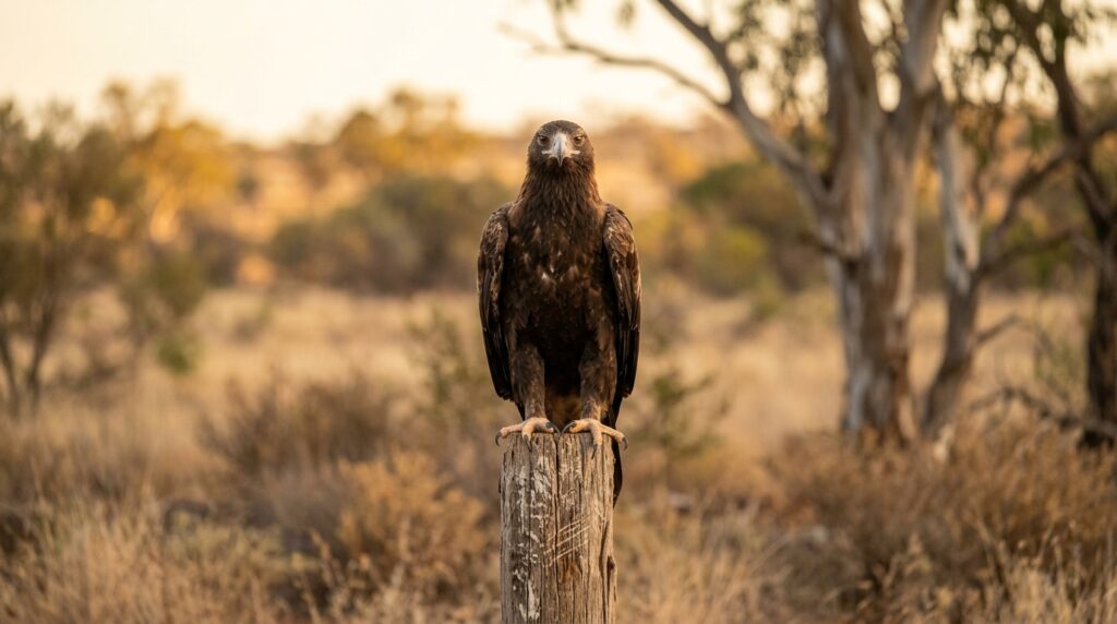 Bird of prey perched on post in Australian bushland golden hour